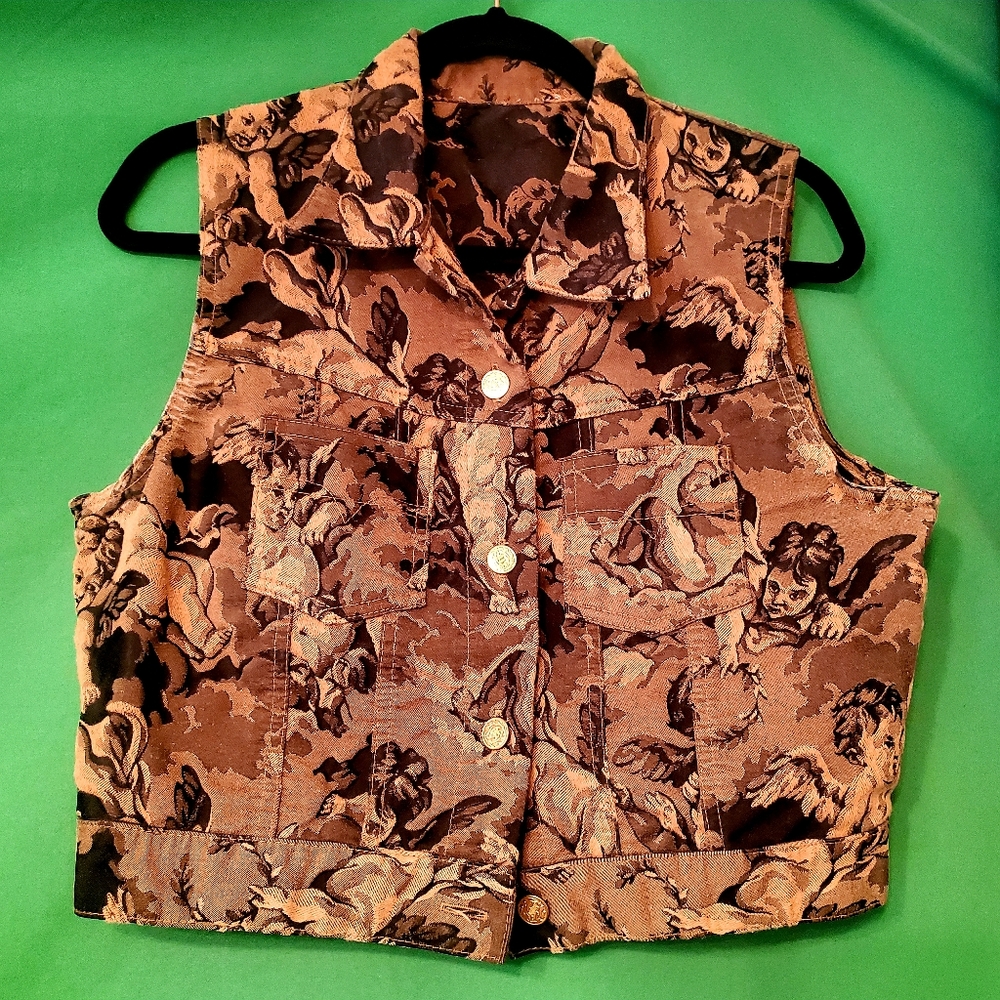 Vintage khaki denim vest w/ cherub angel pattern